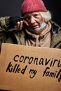 desperate hopeless woman without shelter, isolated on black background