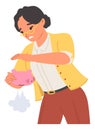 Desperate woman shaking empty piggy bank vector illustration