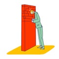 Desperation Hopeless Concept. Businessman Character Stand at High Wall Hit with Head trying to Move it. Problem Overcome