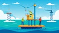 Despite the constantly changing tides and currents the floating platform remains steady as construction workers use
