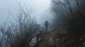 Despite the ominous presence of danger a hiker ventures deeper into the mist oblivious to the potential risks that lie Royalty Free Stock Photo