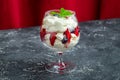 dessert Anna Pavlova with berries and mint on glass, on dark concrete table and red curtain behind Royalty Free Stock Photo