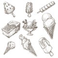 Dessert assortment, ice cream types monochrome sketch outline