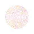 Dessert background. Baking delicious food in circle shape cakes sweets candy jelly ice cream biscuits vector design