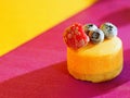 Dessert with berries. Food art. Restaurant menu. Colourful dish. Sweet meal. Cheese cakes background