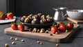 Dessert black plate elegant chocolate ball nuts strawberry