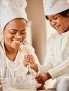 Dessert, bowl and black woman in kitchen with child mixing ingredients for cake, cookies or baking in home. Family Royalty Free Stock Photo