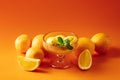 Dessert bowl with orange ice cream and several whole and sliced oranges Royalty Free Stock Photo