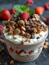 Dessert bowl with strawberries, whipped cream, chocolate chips, and granola Royalty Free Stock Photo
