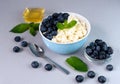 Dessert for breakfast of cottage cheese, fresh berries and honey. Close-up Royalty Free Stock Photo