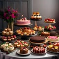 A dessert buffet with an assortment of cakes, tarts, and pastries3