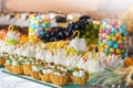 Dessert buffet with baking, sweets, fruits, close. Catering