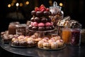 Dessert buffet with a chocolate fountain, donuts, and candy as a symbol of sweet indulgence, celebration. AI Generated
