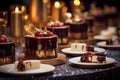 A dessert buffet at a luxury event, featuring an extravagant chocolate ganache cake