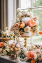 Dessert buffet with peony flowers, catering for wedding, party and holiday celebration, cakes and desserts in a countryside garden