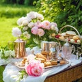 Dessert buffet with peony flowers, catering for wedding, party and holiday celebration, cakes and desserts in a countryside garden