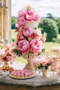 Dessert buffet with peony flowers, catering for wedding, party and holiday celebration, cakes and desserts in a countryside garden