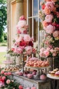 Dessert buffet with peony flowers, catering for wedding, party and holiday celebration, cakes and desserts in a countryside garden Royalty Free Stock Photo