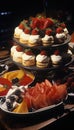 Dessert buffet table with an assortment of delicious pastries and sweets for a sumptuous treat. Vertical