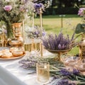 Dessert buffet table, food catering for wedding, party holiday celebration, lavender decor, cakes and desserts in a country garden Royalty Free Stock Photo