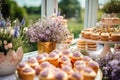 Dessert buffet table, food catering for wedding, party holiday celebration, lavender decor, cakes and desserts in a country garden Royalty Free Stock Photo