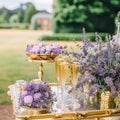 Dessert buffet table, food catering for wedding, party holiday celebration, lavender decor, cakes and desserts in a country garden Royalty Free Stock Photo