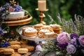 Dessert buffet table, food catering for wedding, party holiday celebration, lavender decor, cakes and desserts in a country garden