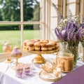 Dessert buffet table, food catering for wedding, party holiday celebration, lavender decor, cakes and desserts in a country garden