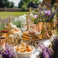 Dessert buffet table, food catering for wedding, party holiday celebration, lavender decor, cakes and desserts in a country garden