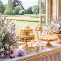 Dessert buffet table, food catering for wedding, party holiday celebration, lavender decor, cakes and desserts in a country garden Royalty Free Stock Photo