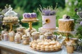 Dessert buffet table, food catering for wedding, party holiday celebration, lavender decor, cakes and desserts in a country garden