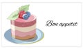 Dessert, cake, sweet cake on a white background. Baking with icing and fruit. For the design of menus, gifts, cards, paper