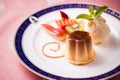 Dessert Caramel pudding with Ice cream and fruits Royalty Free Stock Photo