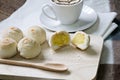 Dessert Chinese pastry or mooncake on wooden with coffee