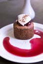 Dessert with chocolate sponge cake, cherry and vanilla ice cream Royalty Free Stock Photo