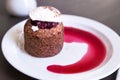 Dessert with chocolate sponge cake, cherry and vanilla ice cream