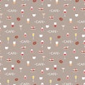 Dessert, coffee and glasses, cafe seamless pattern design. Sweet cake and drinks, fabric or textile print for kitchen