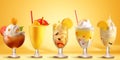 Dessert collection of sweet drinks. A set of cocktails and ice cream decorated with fruits and sweets. Royalty Free Stock Photo