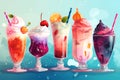 Dessert collection of sweet drinks. A set of cocktails and ice cream decorated with fruits and sweets. Royalty Free Stock Photo