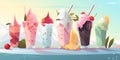 Dessert collection of sweet drinks. A set of cocktails and ice cream decorated with fruits and sweets. Royalty Free Stock Photo