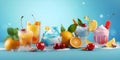 Dessert collection of sweet drinks. A set of cocktails and ice cream decorated with fruits and sweets. Royalty Free Stock Photo