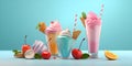 Dessert collection of sweet drinks. A set of cocktails and ice cream decorated with fruits and sweets. Royalty Free Stock Photo