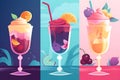 Dessert collection of sweet drinks. A set of cocktails and ice cream decorated with fruits and sweets. Royalty Free Stock Photo