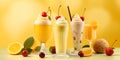 Dessert collection of sweet drinks. A set of cocktails and ice cream decorated with fruits and sweets. Royalty Free Stock Photo