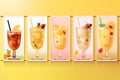 Dessert collection of sweet drinks. A set of cocktails and ice cream decorated with fruits and sweets. Generative AI Royalty Free Stock Photo