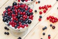 Dessert with cream and fresh berries (red and black currants, blueberry) Royalty Free Stock Photo