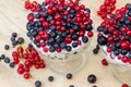 Dessert with cream and fresh berries red and black currants, blueberry Royalty Free Stock Photo