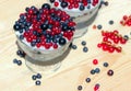 Dessert with cream and fresh berries red and black currants, blueberry Royalty Free Stock Photo