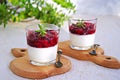 Dessert, creamy panna cotta with cherry sauce in glass glasses on a light concrete background. Desserts without baking. Desserts