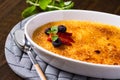 Dessert Creme Brulee with Strawberry, Blueberry and Fresh Mint Leaves